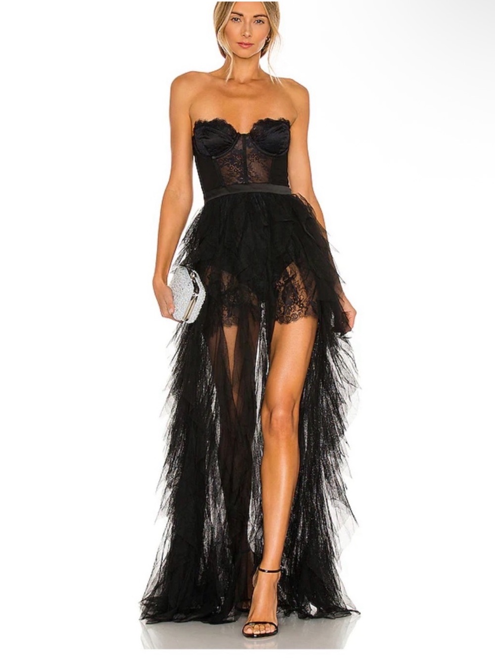 For Love & Lemons x REVOLVE Black Lace Bustier Ruffle Tulle Maxi Gown S